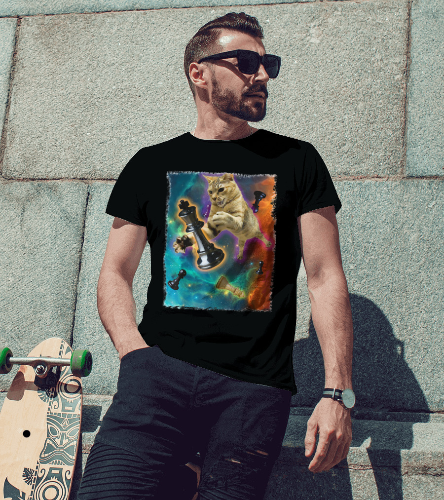 Cats Battling Chess Pieces In Cosmic Space Adventure T-Shirt