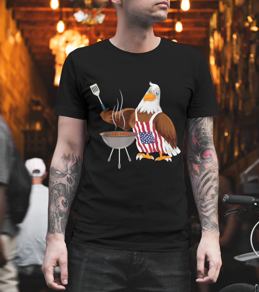 Bald Eagle Grilling BBQ With American Flag Apron For 4th Of July T-Shirt