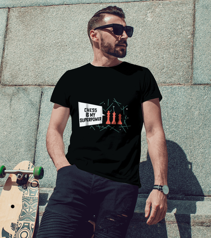 Chess Is My Superpower With Red Chess Pieces And Abstract Lines T-Shirt