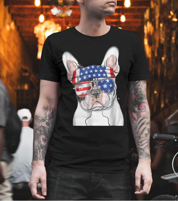 French Bulldog with American Flag Bandana and Sunglasses T-Shirt French Bulldog with American Flag Bandana and Sunglasses T-Shirt