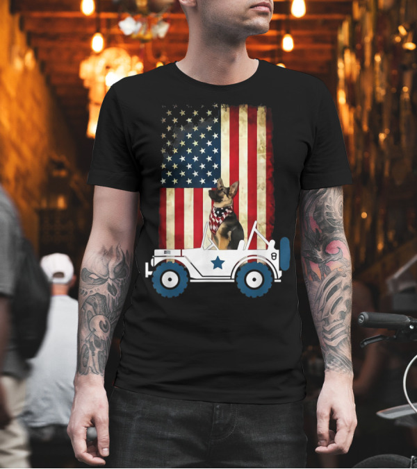 German Shepherd in Jeep with American Flag Background T-Shirt German Shepherd in Jeep with American Flag Background T-Shirt