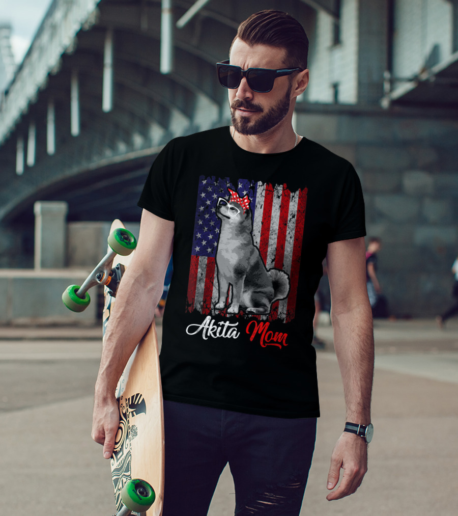 Patriotic Akita Mom Dog With American Flag Background T-Shirt