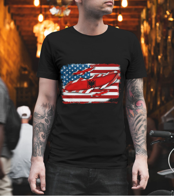 Albanian Blood Inside Me American Flag Background with Albanian Flag Crest T-Shirt Albanian Blood Inside Me American Flag Background with Albanian Flag Crest T-Shirt
