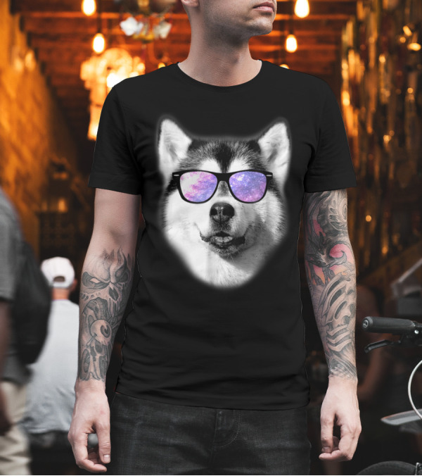 Cosmic Glasses Siberian Husky with Galaxy Reflection T-Shirt Cosmic Glasses Siberian Husky with Galaxy Reflection T-Shirt