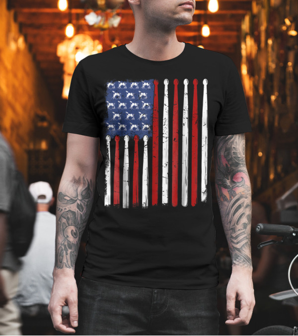 American Flag with Drumkits and Drumsticks T-Shirt American Flag with Drumkits and Drumsticks T-Shirt