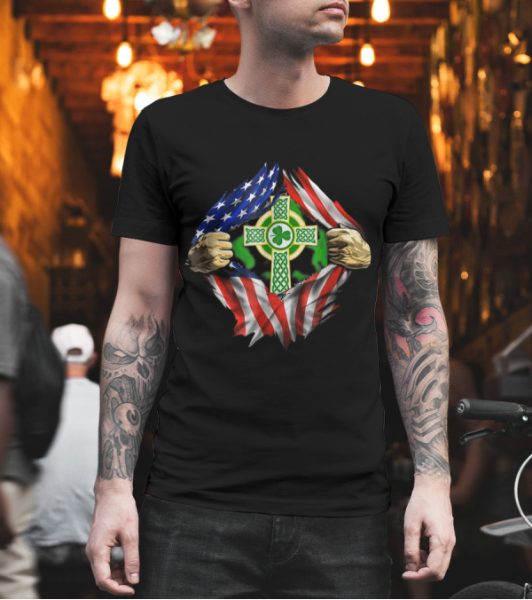American Irish Blood Inside Me with Celtic Cross and Shamrock Surrounded by American Flag Elements T-Shirt American Irish Blood Inside Me with Celtic Cross and Shamrock Surrounded by American Flag Elements T-Shirt