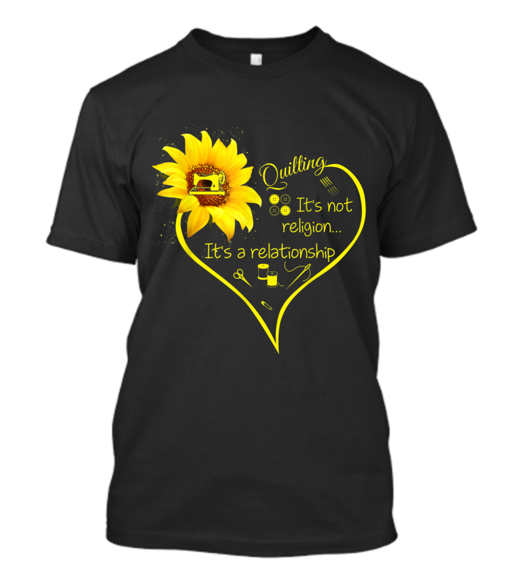 Quilting It's Not Religion It's A Relationship Sunflower Heart With Sewing Icons T-Shirt