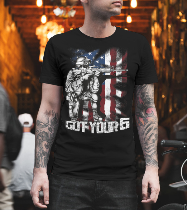 Soldier Got Your Six Kneeling with Rifle on Grunge American Flag Background T-Shirt Soldier Got Your Six Kneeling with Rifle on Grunge American Flag Background T-Shirt
