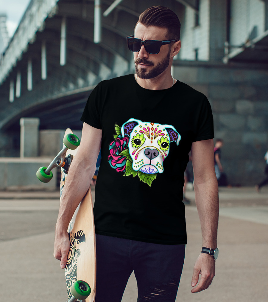 Boxer Dog Sugar Skull With Floral Elements For Day Of The Dead T-Shirt