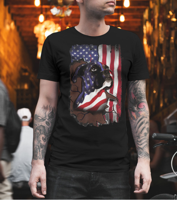 Boxer Dog Wrapped in American Flag Breaking Through Patriotism T-Shirt Boxer Dog Wrapped in American Flag Breaking Through Patriotism T-Shirt
