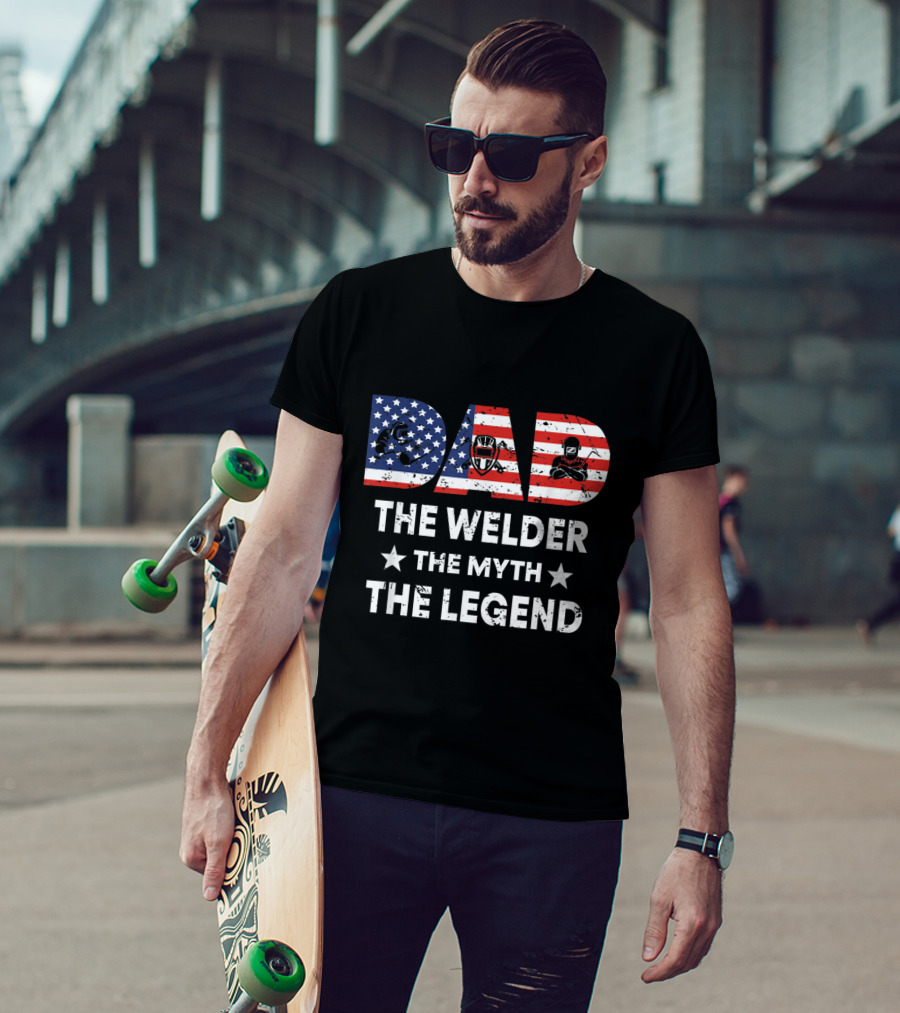 Dad The Welder The Myth The Legend American Flag Welding Icons T-Shirt