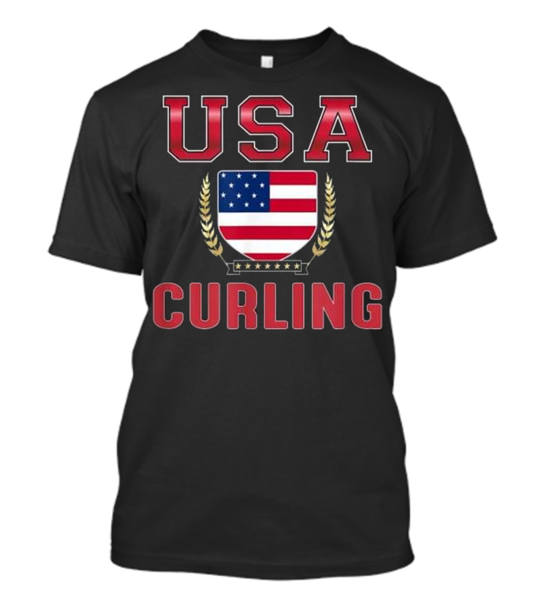 USA Curling American Flag Shield Crest T-Shirt