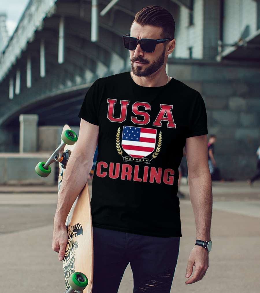 USA Curling American Flag Shield Crest T-Shirt