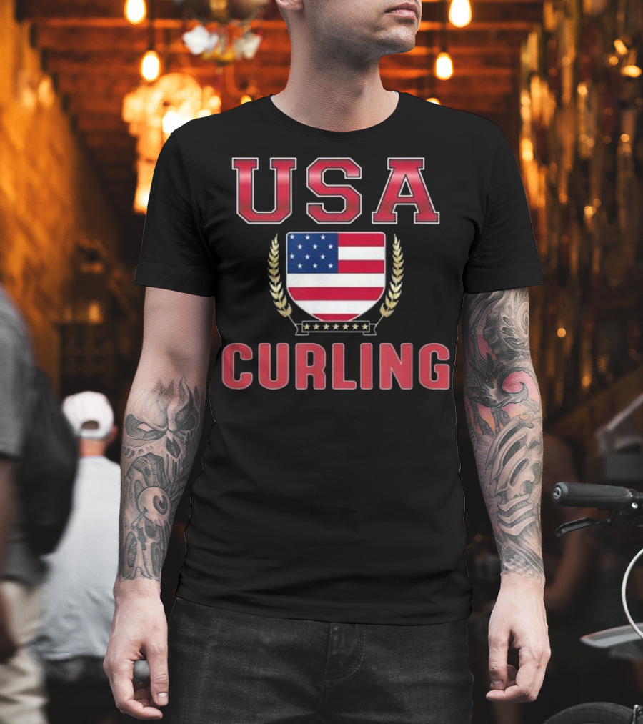 USA Curling American Flag Shield Crest T-Shirt