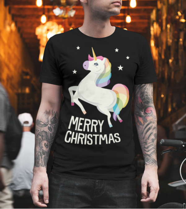 Merry Christmas Rainbow Unicorn with Stars T-Shirt Merry Christmas Rainbow Unicorn with Stars T-Shirt