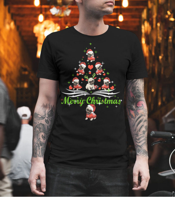 Pug Merry Christmas Tree with Festive Santa Outfits T-Shirt Pug Merry Christmas Tree with Festive Santa Outfits T-Shirt