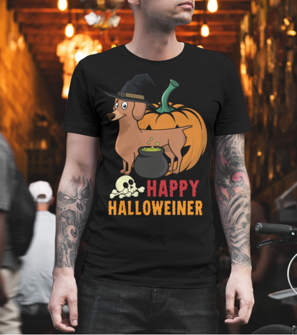 Happy Halloweiner Cute Weiner Dog in Witch Hat with Pumpkin and Cauldron T-Shirt Happy Halloweiner Cute Weiner Dog in Witch Hat with Pumpkin and Cauldron T-Shirt