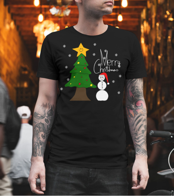 Merry Christmas Snowman and Christmas Tree with Star and Snowflakes T-Shirt Merry Christmas Snowman and Christmas Tree with Star and Snowflakes T-Shirt