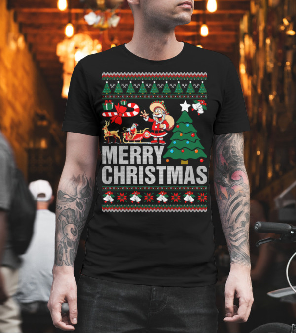 Merry Christmas Santa Claus Sleigh Reindeer Christmas Tree Bells Ugly T-Shirt Merry Christmas Santa Claus Sleigh Reindeer Christmas Tree Bells Ugly T-Shirt