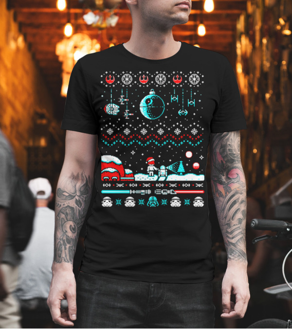 Star Wars Ugly Christmas Sweater Millennium Falcon Death Star TIE Fighter Santa Vader Stormtrooper R2-D2 C-3PO Winter Scene T-Shirt Star Wars Ugly Christmas Sweater Millennium Falcon Death Star TIE Fighter Santa Vader Stormtrooper R2-D2 C-3PO Winter Scene T-Shirt