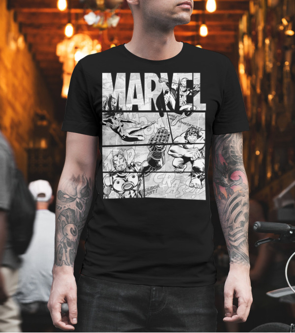 Marvel Avengers Classic Black and White Comic Collage T-Shirt Marvel Avengers Classic Black and White Comic Collage T-Shirt