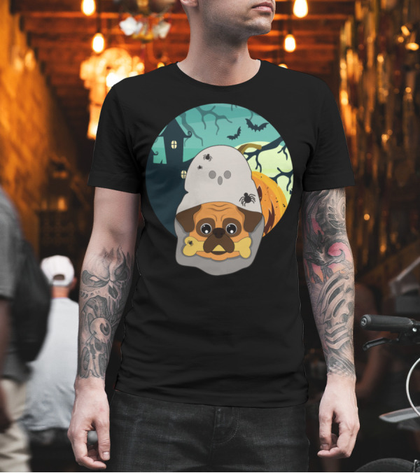 Scary Halloween Dog Pug Ghost with Haunted House and Pumpkin T-Shirt Scary Halloween Dog Pug Ghost with Haunted House and Pumpkin T-Shirt