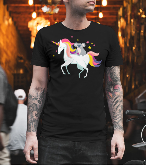 Funny Koala on Rainbow Unicorn with Stars and Hearts T-Shirt Funny Koala on Rainbow Unicorn with Stars and Hearts T-Shirt