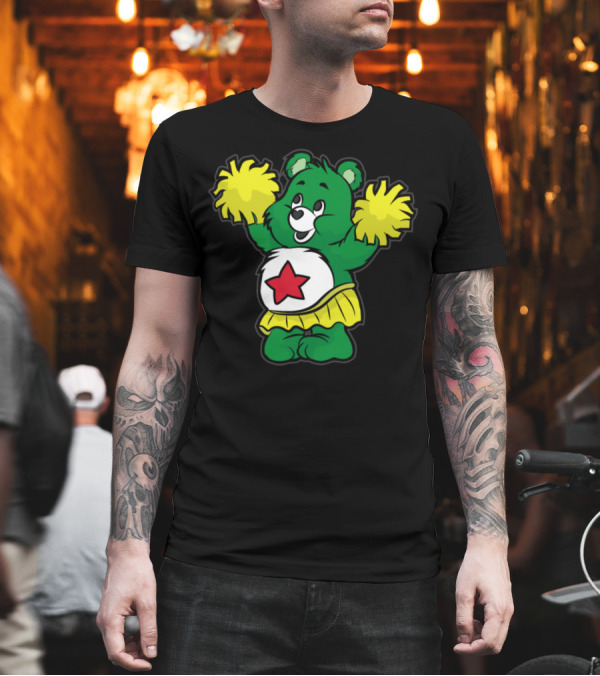 Cheerleader Teddy Green Bear with Red Star Pom Pom Dancing T-Shirt Cheerleader Teddy Green Bear with Red Star Pom Pom Dancing T-Shirt