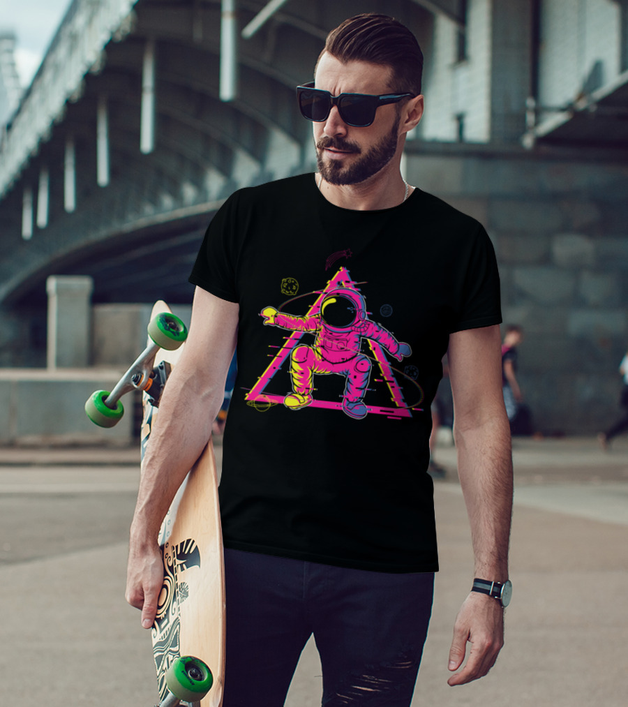 Astronaut Cowboy Retro Neon Space Triangle T-Shirt