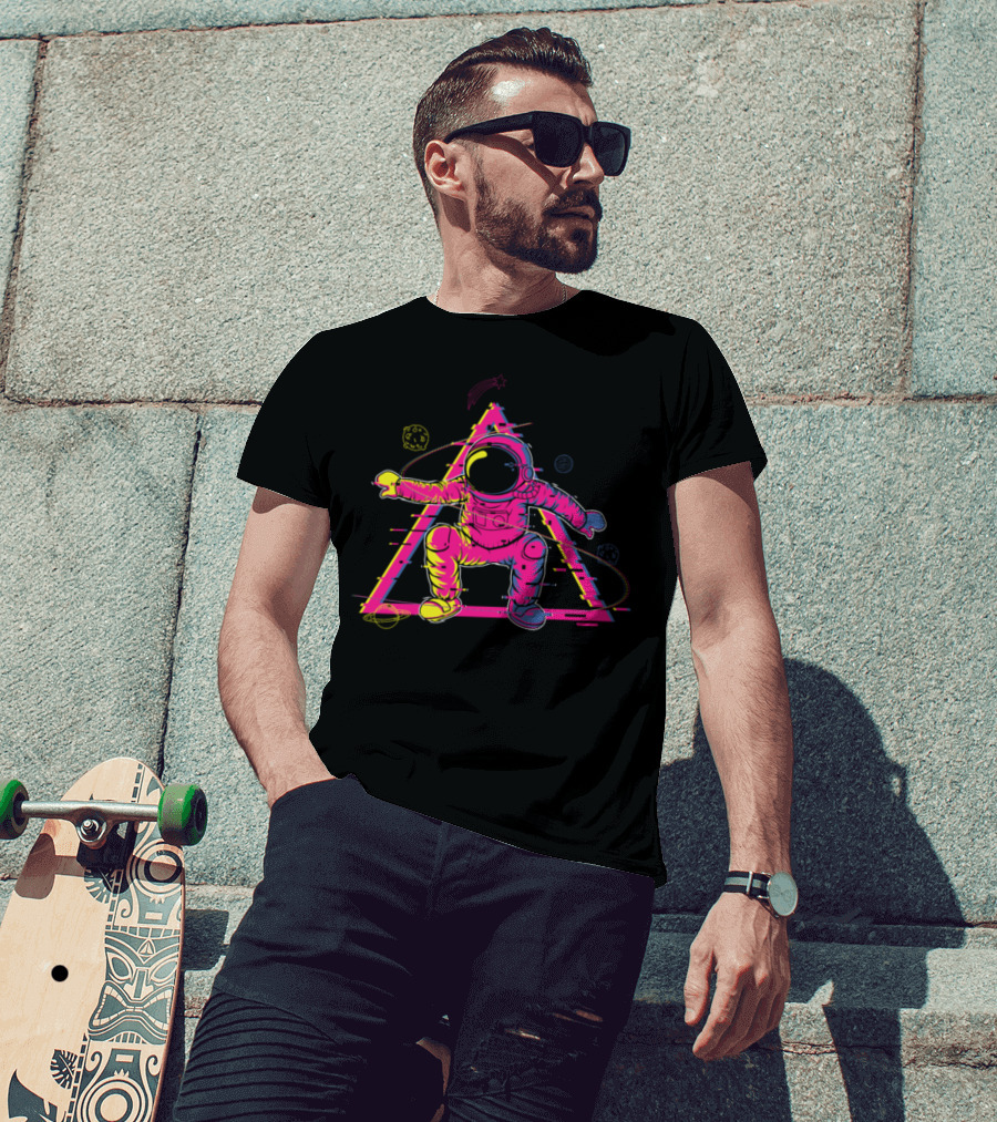 Astronaut Cowboy Retro Neon Space Triangle T-Shirt