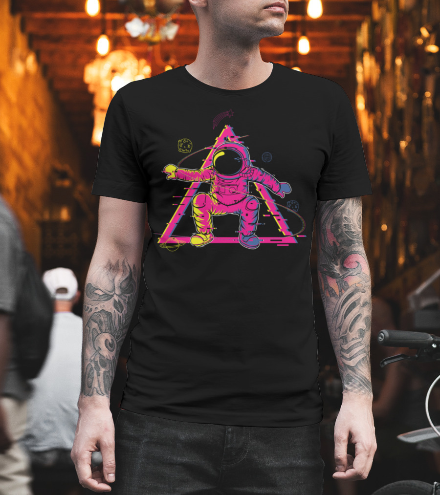 Astronaut Cowboy Retro Neon Space Triangle T-Shirt