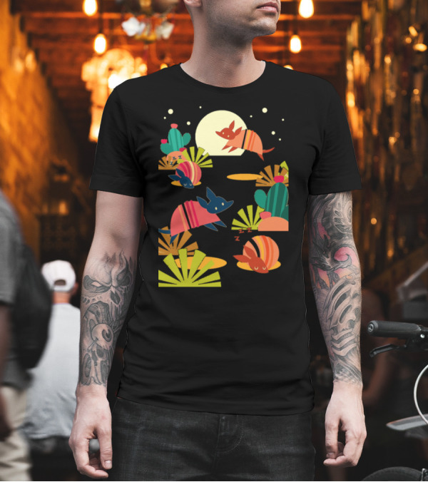 Armadillo Sand Nighttime Desert Scene with Bright Cacti and Moon T-Shirt Armadillo Sand Nighttime Desert Scene with Bright Cacti and Moon T-Shirt