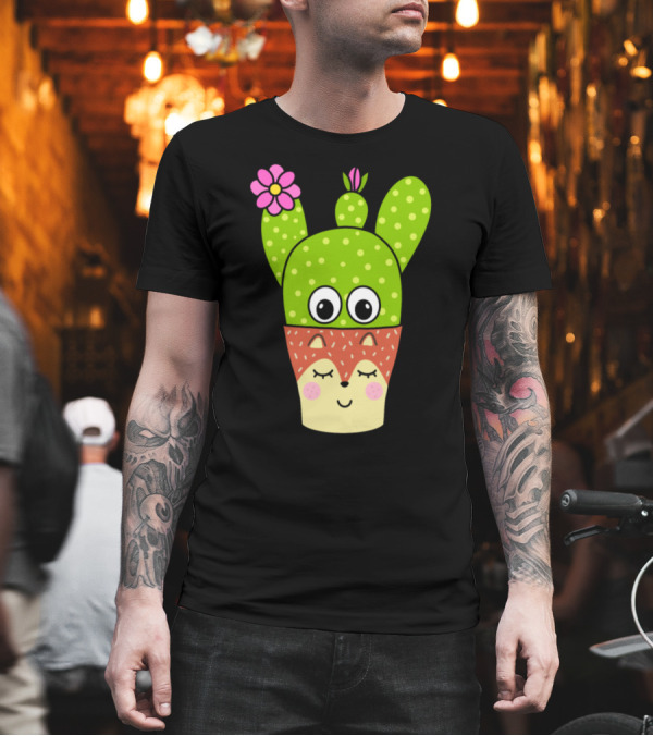 Pretty Cactus with Flower in Cute Fox Face Pot T-Shirt Pretty Cactus with Flower in Cute Fox Face Pot T-Shirt