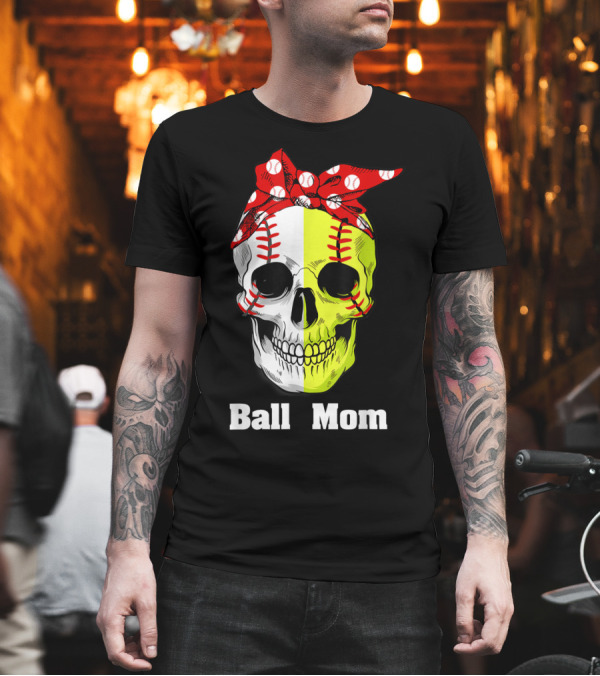 Ball Mom Skull with Baseball Softball Stitching Bandana T-Shirt Ball Mom Skull with Baseball Softball Stitching Bandana T-Shirt