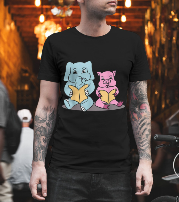 Pig and Elephant Friends Reading Together Joyfully T-Shirt Pig and Elephant Friends Reading Together Joyfully T-Shirt