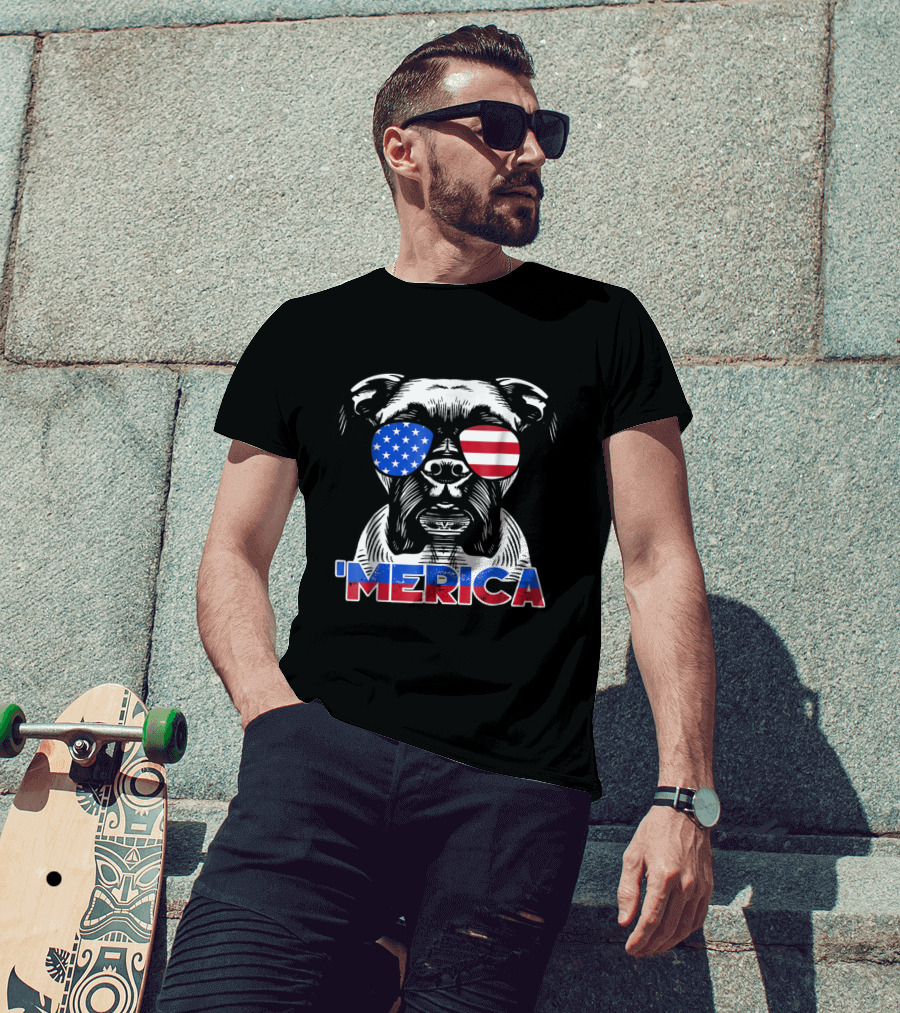 Boxer Dog With Patriotic USA Flag Sunglasses 'Merica T-Shirt