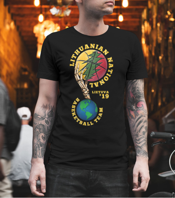 Lithuanian National Basketball Team Lietuva '19 Skeleton Hand Basketball Globe T-Shirt Lithuanian National Basketball Team Lietuva '19 Skeleton Hand Basketball Globe T-Shirt