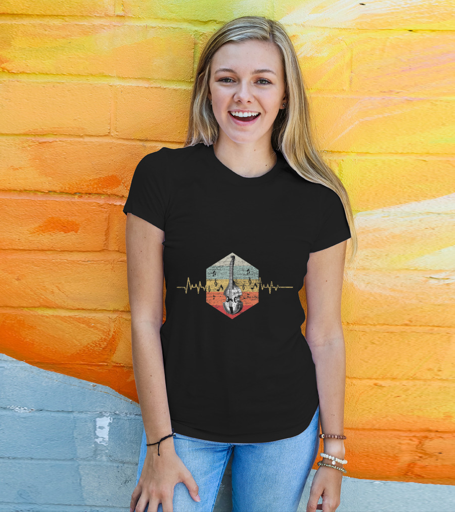 Retro Heartbeat Cello Musician With Musical Notes And Vintage Stripes T-Shirt