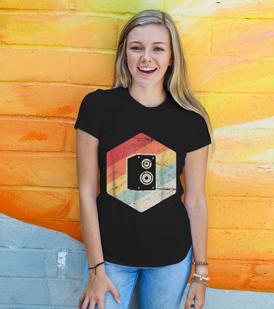Retro Speaker Vintage Audio Engineer With Striped Hexagon T-Shirt