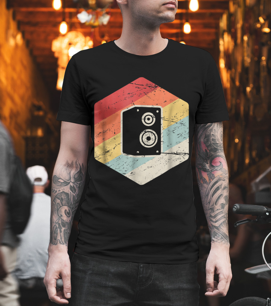 Retro Speaker Vintage Audio Engineer With Striped Hexagon T-Shirt