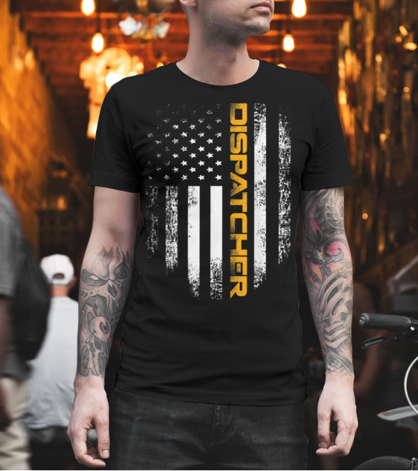Grunge American Flag With Yellow Dispatcher Text T-Shirt Grunge American Flag With Yellow Dispatcher Text T-Shirt