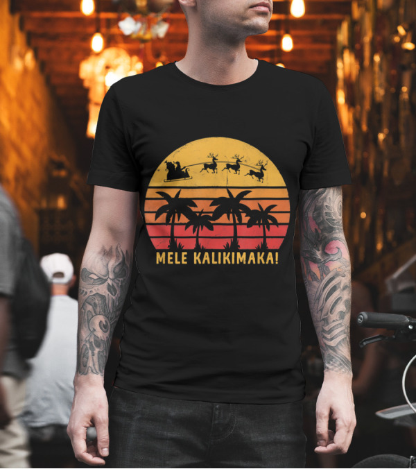 Mele Kalikimaka Christmas Santa Sleigh Palm Trees Sunset T-Shirt Mele Kalikimaka Christmas Santa Sleigh Palm Trees Sunset T-Shirt