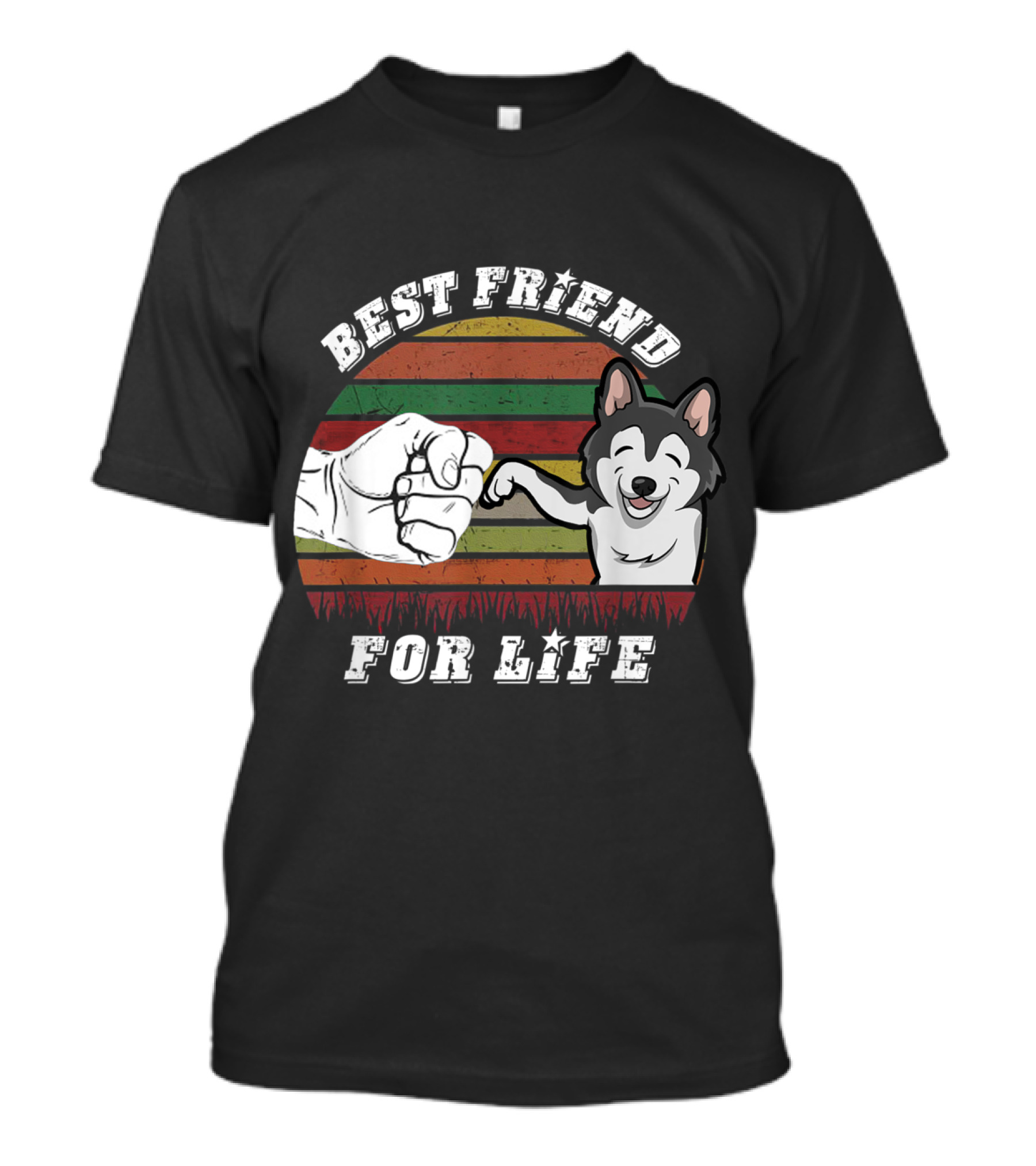 Best Friend For Life Vintage Husky Dog Fist Bump Retro Stripes T-Shirt