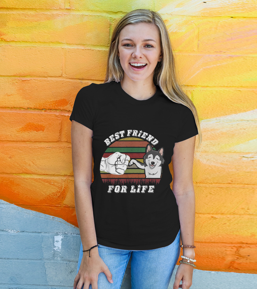Best Friend For Life Vintage Husky Dog Fist Bump Retro Stripes T-Shirt