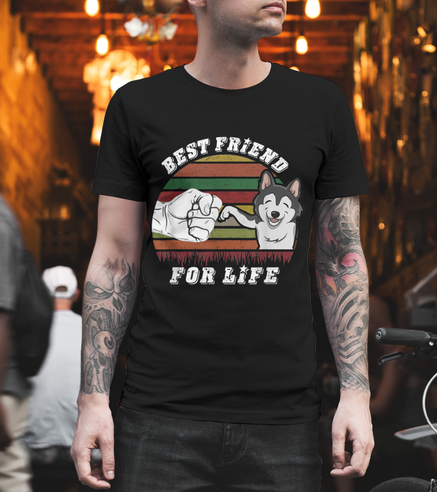 Best Friend For Life Vintage Husky Dog Fist Bump Retro Stripes T-Shirt