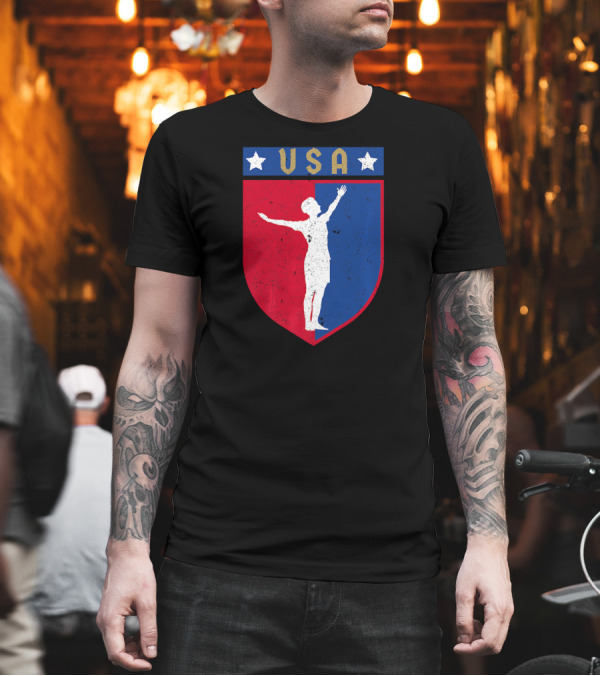 Distressed USA Red White and Blue Soccer Crest with Stars and Player T-Shirt Distressed USA Red White and Blue Soccer Crest with Stars and Player T-Shirt