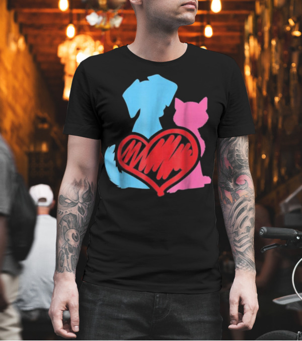 Funny Cat and Dog Heart T-Shirt Funny Cat and Dog Heart T-Shirt