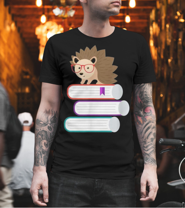 Adorable Hedgehog with Glasses on Stack of Books for Nerds T-Shirt Adorable Hedgehog with Glasses on Stack of Books for Nerds T-Shirt