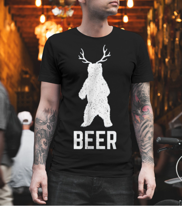 Funny Bear with Deer Antlers Beer Cool T-Shirt Funny Bear with Deer Antlers Beer Cool T-Shirt
