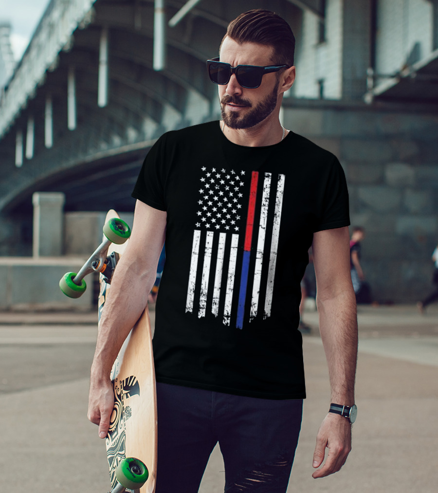Firefighter Police Officer Thin Red Blue Line American Flag T-Shirt